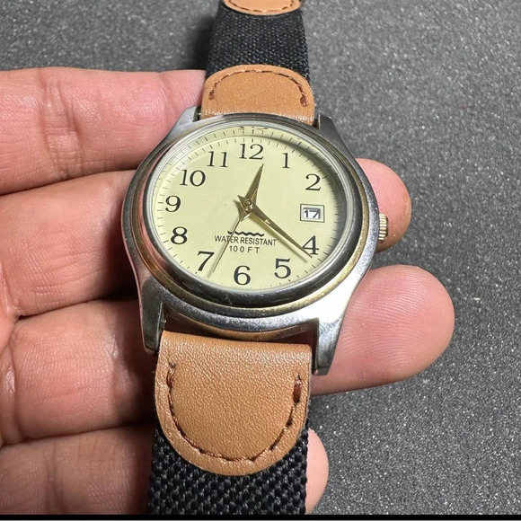 Mens silver tone quartz date just watch beige dial working canvas strap - Picture 3 of 7